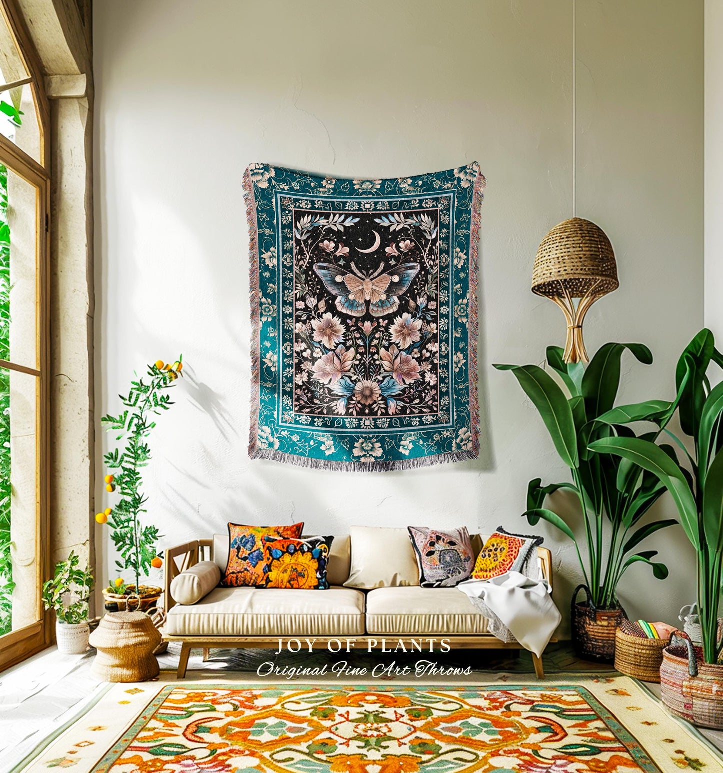 Boho Moth Moon Fairycore Throw Teal Bohemian Butterfly Floral Woven Tapestry Blanket | Whimsical Celestial Teal Dark Cottagecore Home Decor