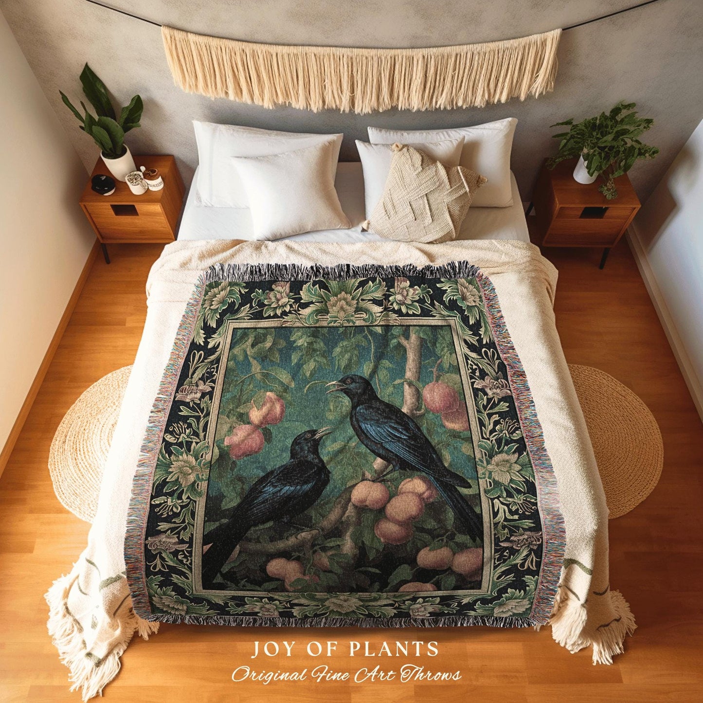 Dark Botanical Raven Woven Throw Gothic Forestcore Home Decor | Dark Academia Tapestry Blanket Crowcore Decor Whimsigoth Aesthetic Bird Art