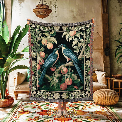 Victorian Gothic Woodland Bird Botanical Blanket | Dark Cottagecore Decor Bird Tapestry Woven Wall Art Crowcore Gothic Raven Dark Academia