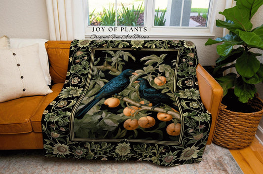 Gothic Home Decor Vintage Aesthetic Raven Bird Blanket Woven Tapestry Crowcore Woodland Whimsigoth Forest Dark Botanical Bird Throw Blanket