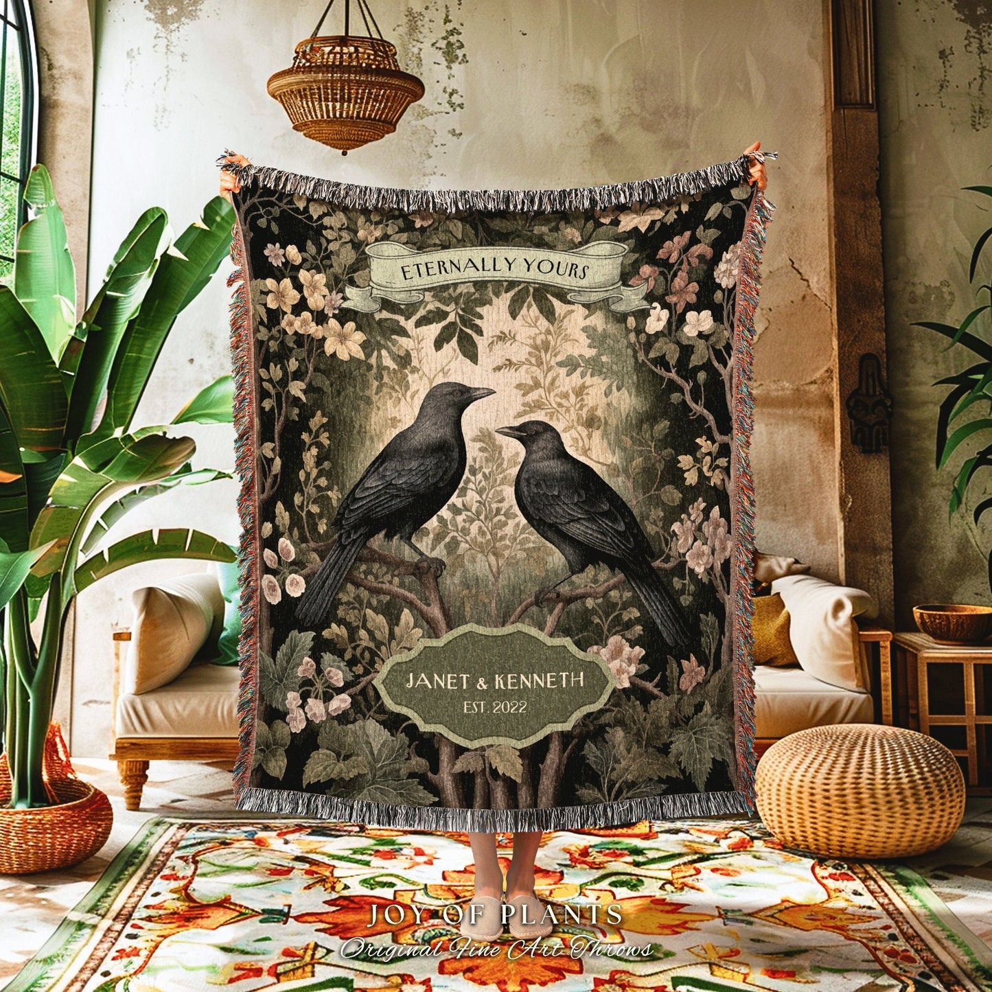 Couples Anniversary Cotton Woven Blanket | Crowcore Aesthetic Woven Throw Custom Dating Anniversary 'Til Death do us Part' Raven Tapestry |