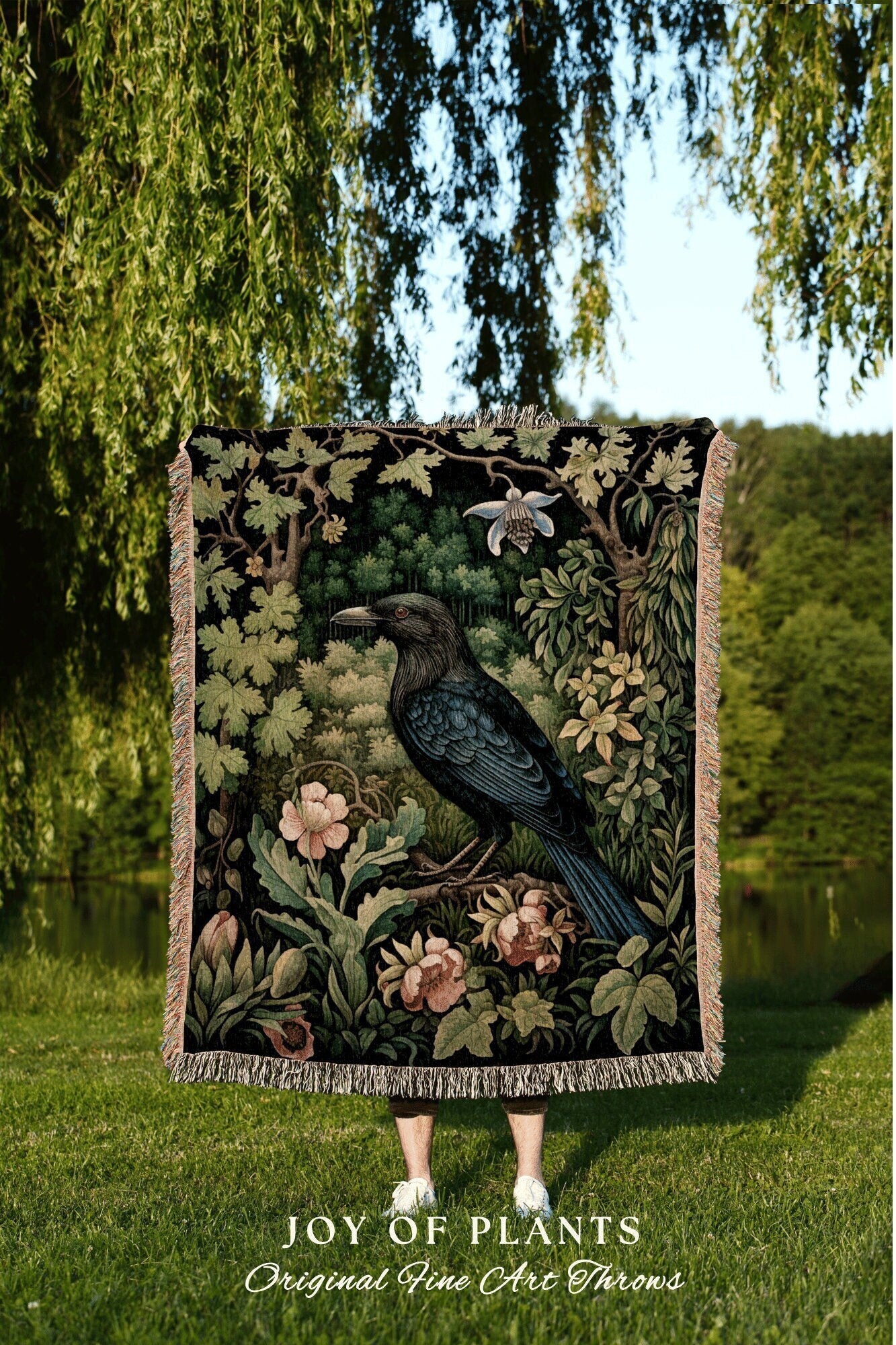 Dark Botanical Raven Throw Blanket Forestcore Decor Crowcore Aesthetic | William Morris Inspired Tapestry Blanket Dark Academia Botanical