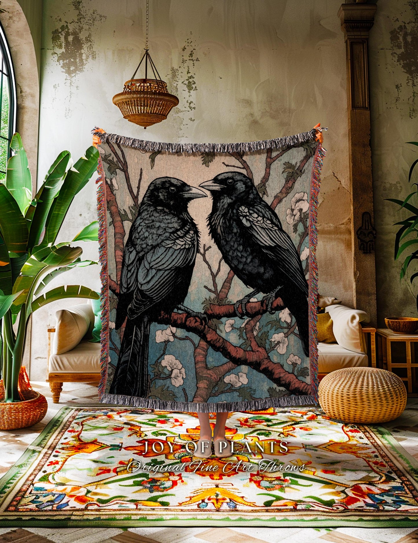 Crowcore Decor Whimsigothic Throw Blanket Woodland Gothic Decor | Dark Academia Raven Tapestry Blanket Crow Art Macabre Occult Crow Blanket