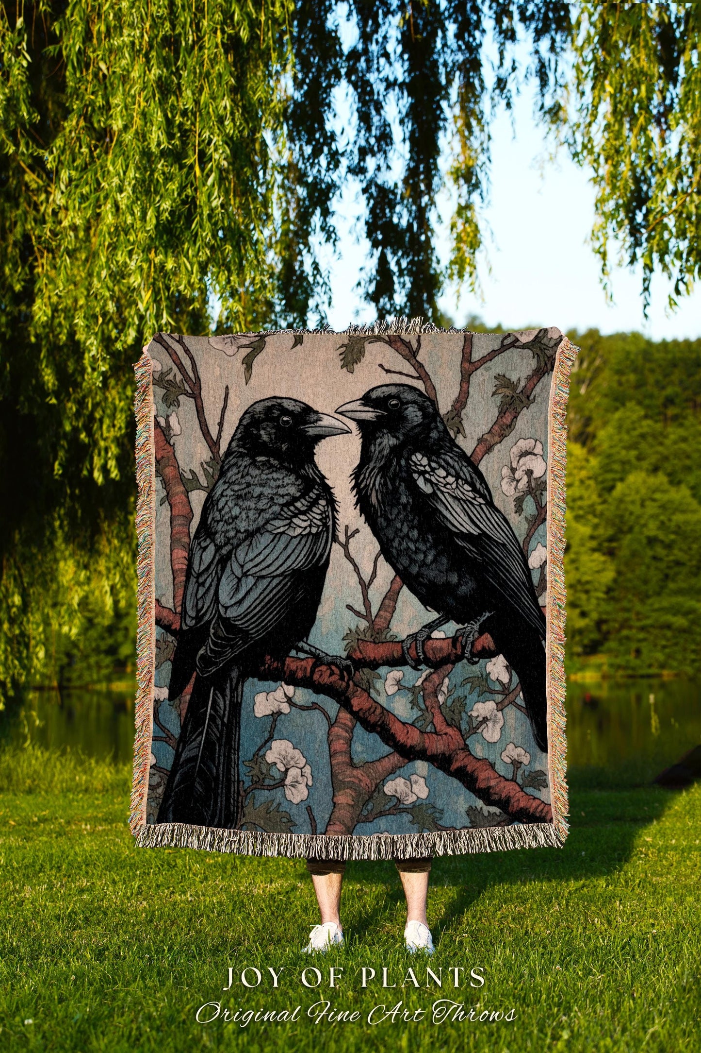 Crowcore Decor Whimsigothic Throw Blanket Woodland Gothic Decor | Dark Academia Raven Tapestry Blanket Crow Art Macabre Occult Crow Blanket