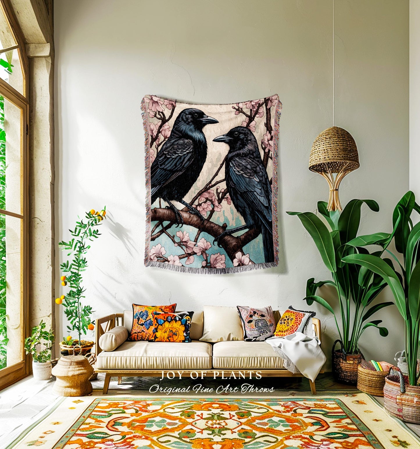 Crowcore Decor Gothic Tapestry Woven Blanket Raven Art | Dark Cottagecore Woodland Aesthetic Crow Blanket Bird Lovers Decor Cottagegoth Gift