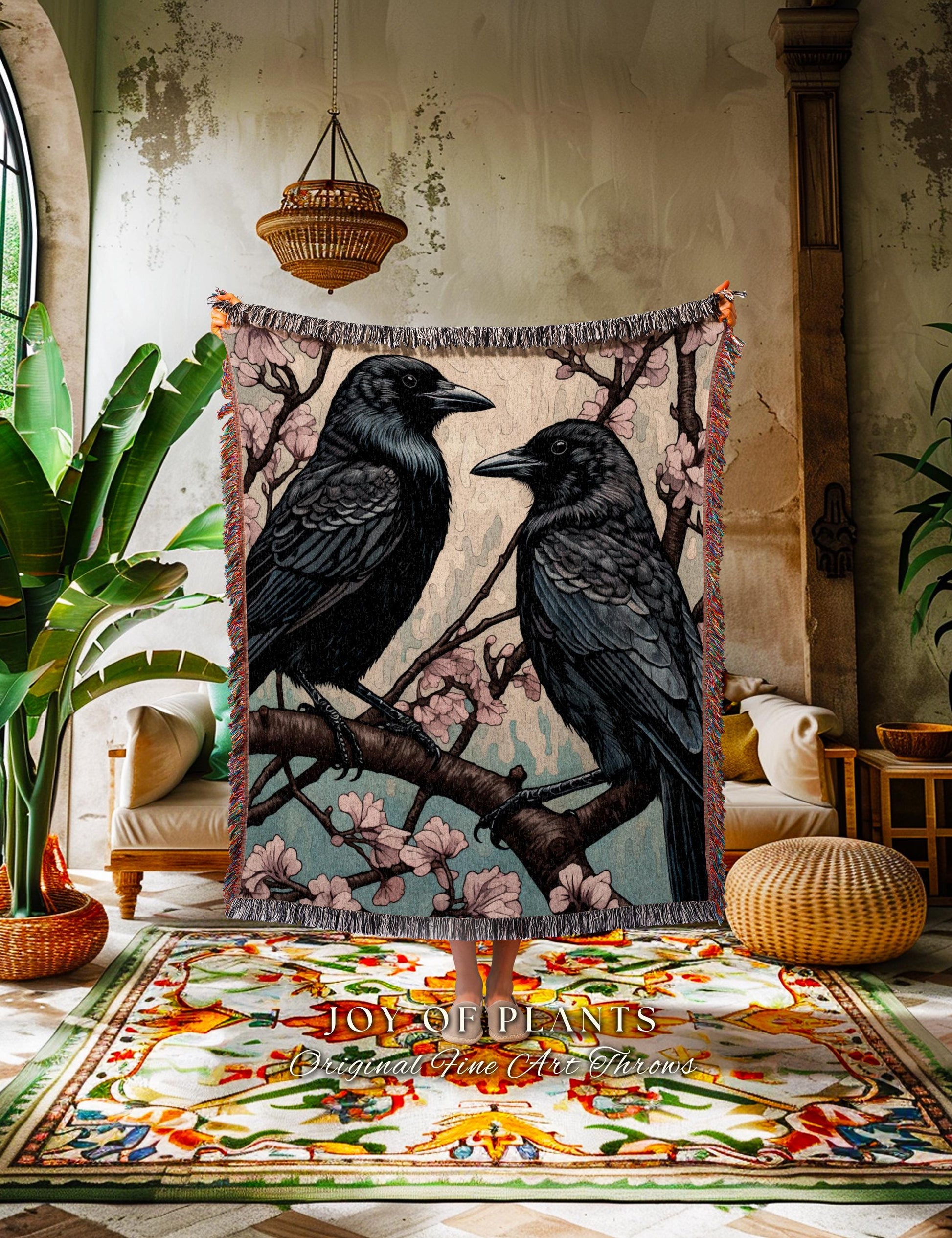 Crowcore Decor Gothic Tapestry Woven Blanket Raven Art | Dark Cottagecore Woodland Aesthetic Crow Blanket Bird Lovers Decor Cottagegoth Gift