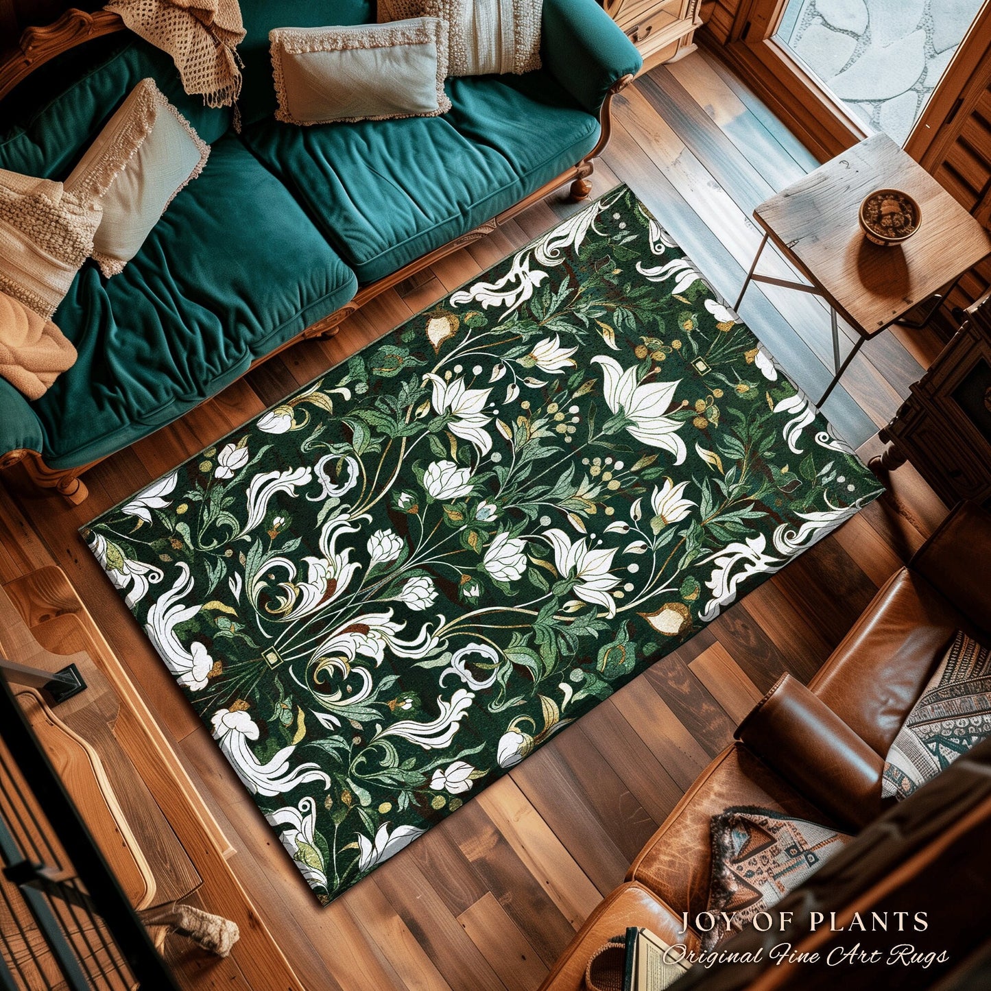 Emerald Green Floral Botanical Rug Art Nouveau Decor | Whimsical Cottagecore Aesthetic Vintage William Morris Design Cottagegoth Fairycore