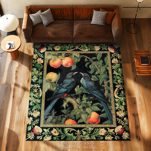 Dark Cottagecore Forest Crow Rug Gothic Woodland Bird Decor | Whimsigoth Dark Botanical Forestcore Room Decor Raven Rug Crowcore Aesthetic