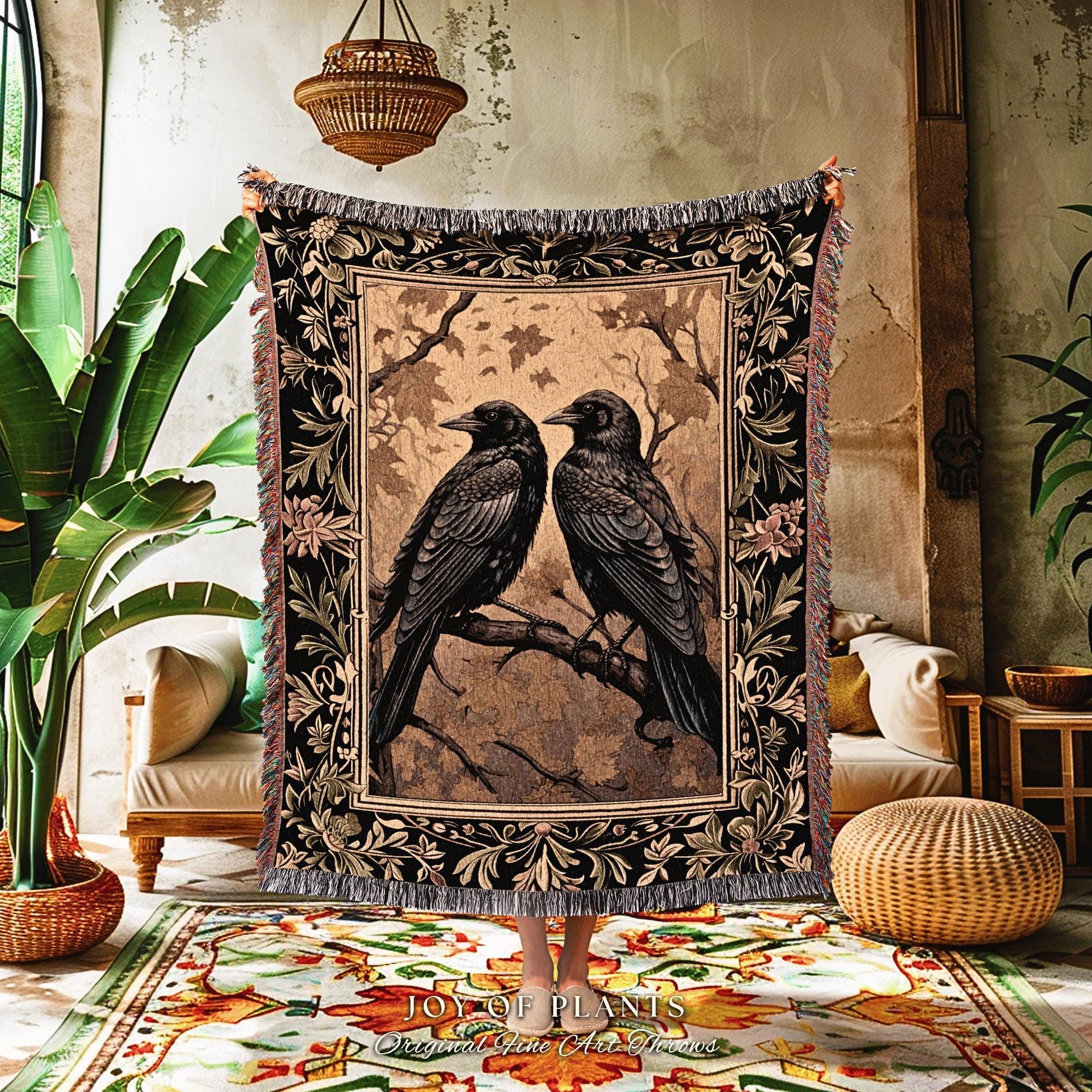 Crow Tapestry Woven Blanket Gothic Black Raven Witchy Woven Wall Art | Crowcore Decor Aesthetic Halloween Vintage Aesthetic Gothic Tapestry