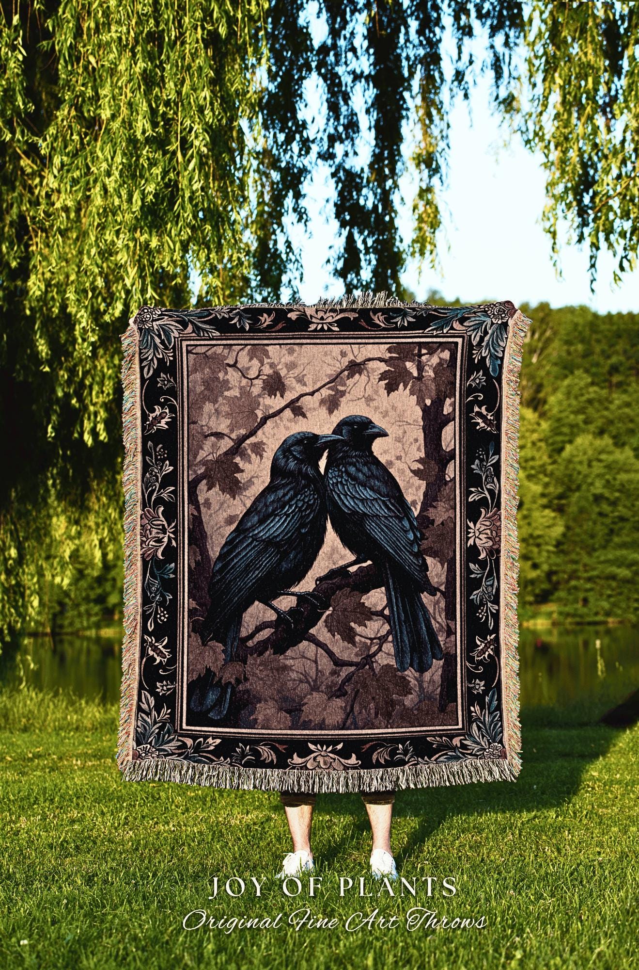 Woodland Woven Blanket Raven Crowcore Throw Blanket Whimsigoth Room Decor | Black Crow Forestcore Vintage Aesthetic Fall Victorian Gothic