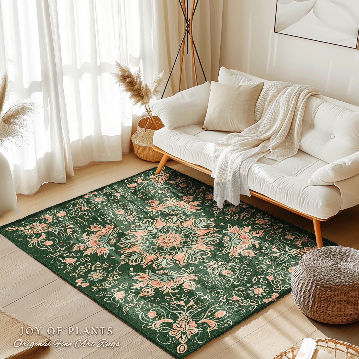 Sea Green Peachy Area Rug | Forest Green Aesthetic Room Decor Classic Ornate Victorian Living Room Rug Nordic Accent for Elegant Bedroom |