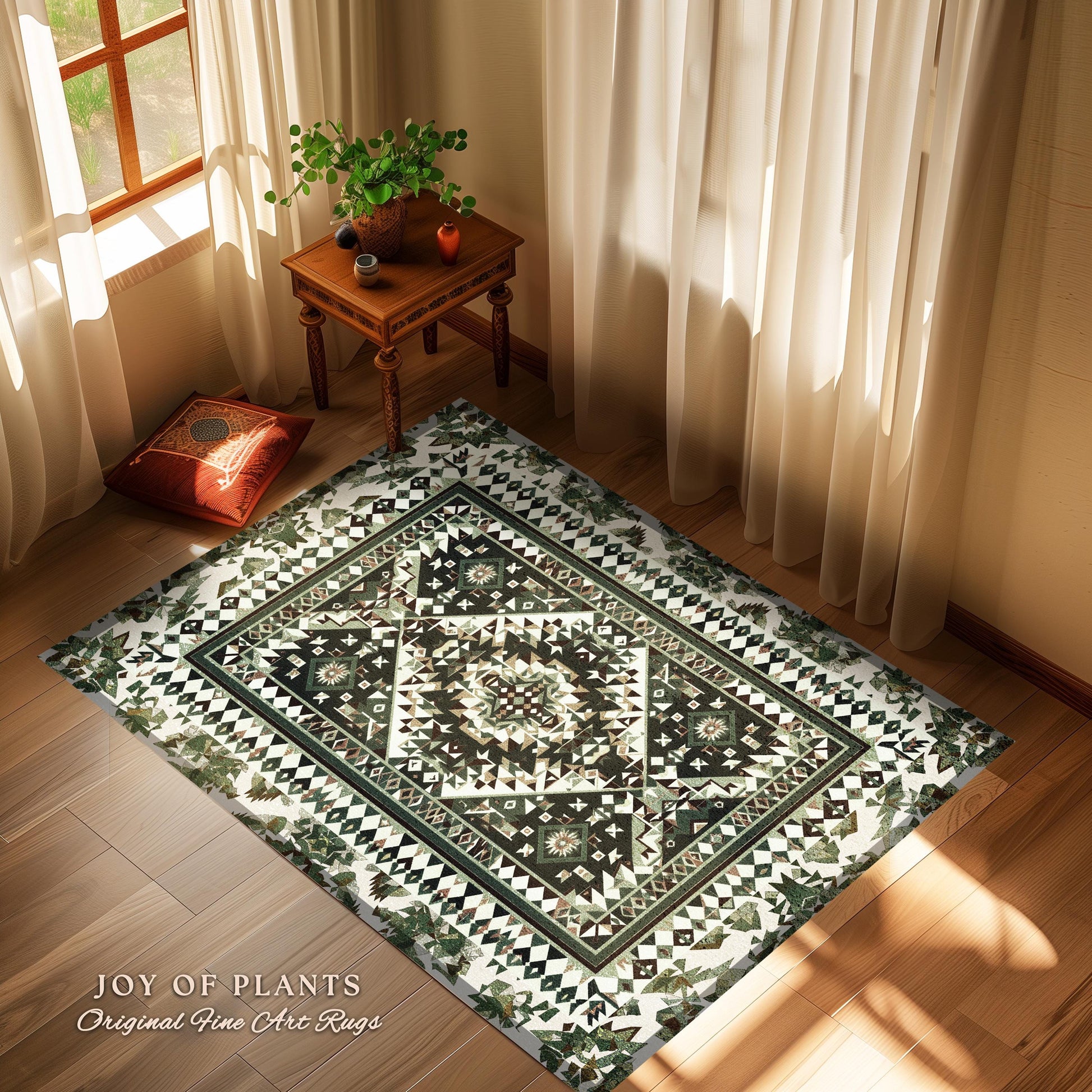 Rustic Olive Green Green Geometric Rug | Midcentury Aesthetic Room Decor Ornate Victorian Floor Rug Scandinavian Bedroom Accent Rug Nordic