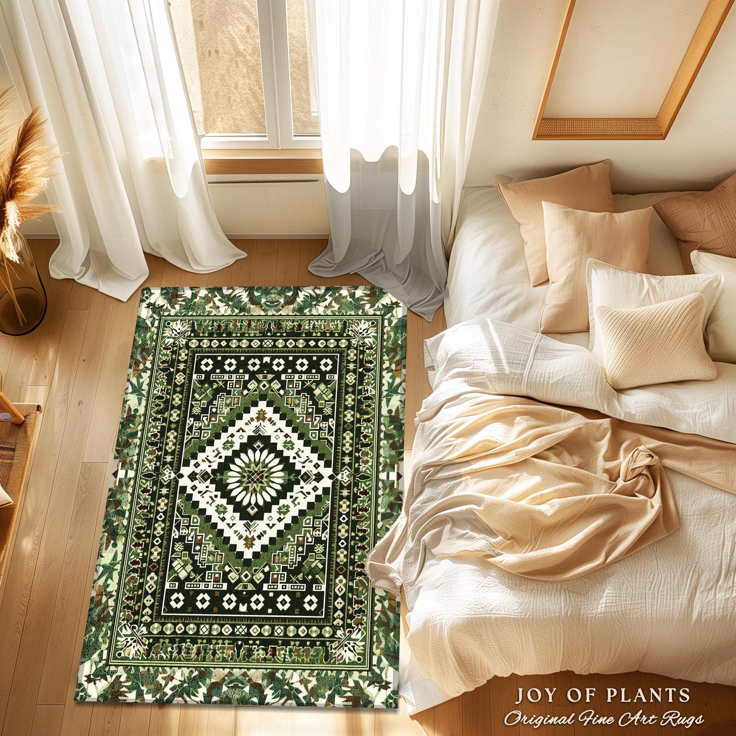 Olive Green Bedroom Rug | Emerald Aesthetic Room Decor Ornate Victorian Floor Rug Scandinavian Bedroom Accent Geometric Rug Nordic Inspired