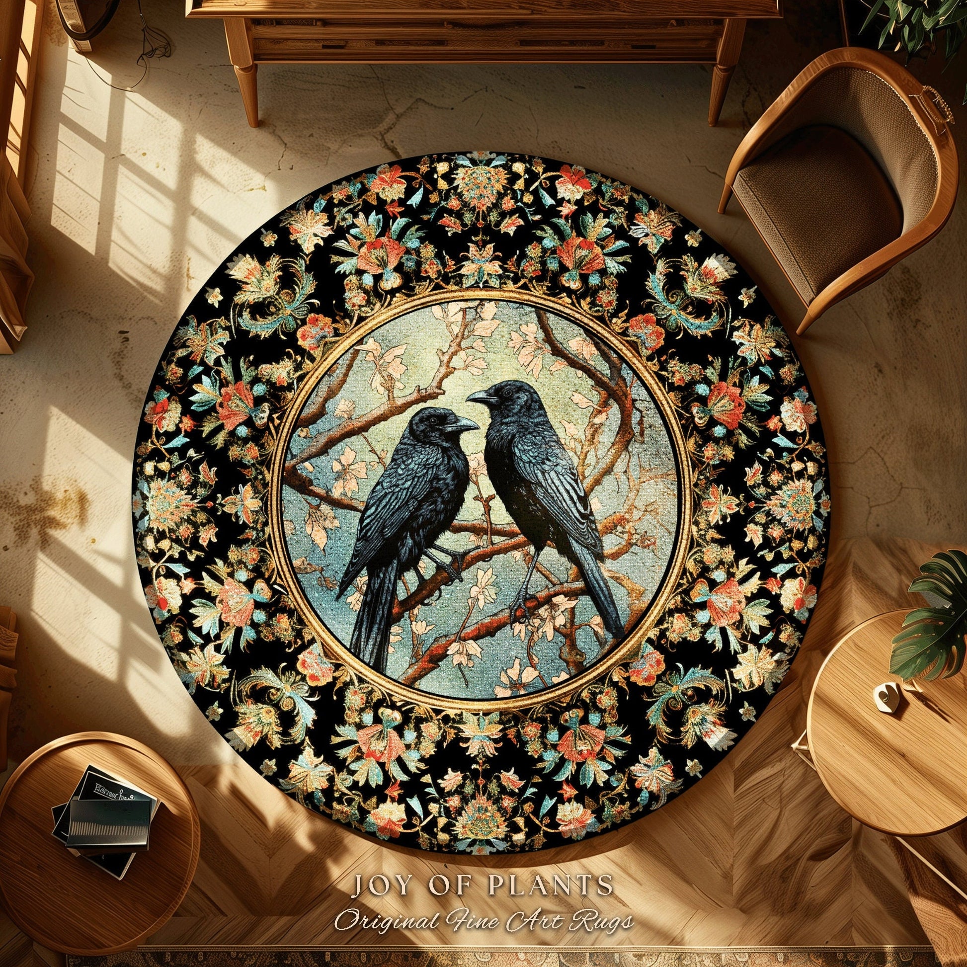 Woodland Fairycore Raven Whimsigoth Rug Victorian Gothic Decor | Enchanted Forest Round Rug Crow Lovers Nature Theme Whimsical Room Crowcore