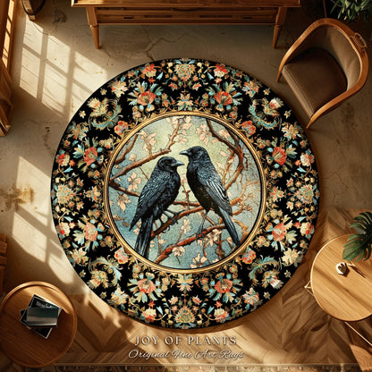 Woodland Fairycore Raven Whimsigoth Rug Victorian Gothic Decor | Enchanted Forest Round Rug Crow Lovers Nature Theme Whimsical Room Crowcore