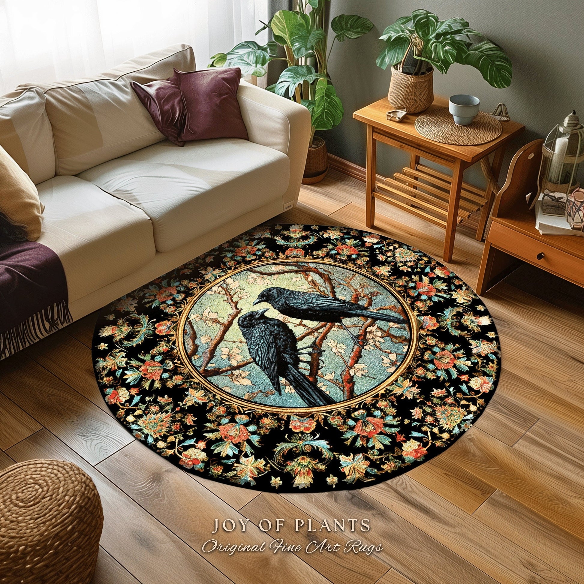 Woodland Fairycore Raven Whimsigoth Rug Victorian Gothic Decor | Enchanted Forest Round Rug Crow Lovers Nature Theme Whimsical Room Crowcore