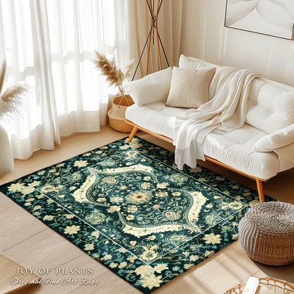 Elegant Emerald Green Art Nouveau Living Room Rug | Boho Room Decor Dark Cottagecore Whimsical Botanical Victorian Gothic Woodland Aesthetic