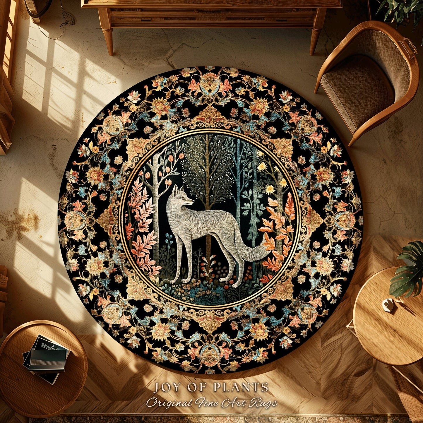 Enchanted Woodland Round Rug Wolf Folklore Aesthetic Dark Cottagecore Decor | Whimsigoth Mystical Decor Whimsical Fairycore Wolf Forestcore