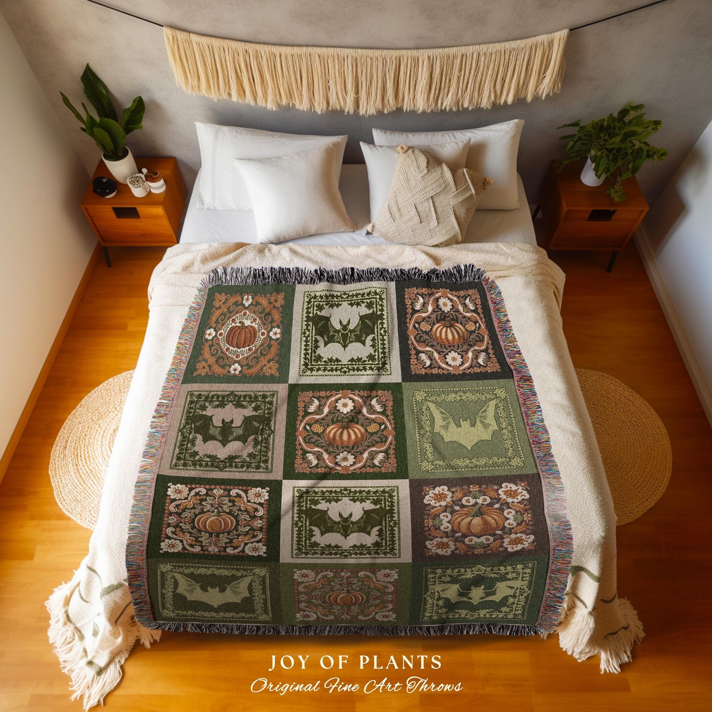 Retro Halloween Pumpkin Bat Blanket Fall Lovers Gift Cozy Home Decor | Vintage Aesthetic Cottagecore Bat Pumpkin Autumn Woven Throw Blanket