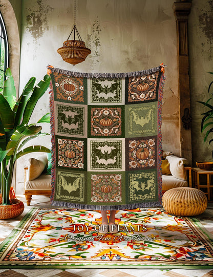 Retro Halloween Pumpkin Bat Blanket Fall Lovers Gift Cozy Home Decor | Vintage Aesthetic Cottagecore Bat Pumpkin Autumn Woven Throw Blanket