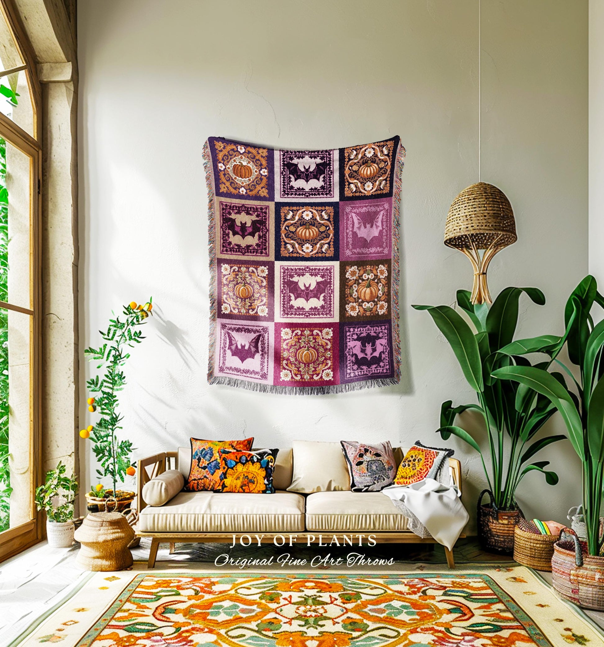 Wimsigothic Purple Bat Pumpkin Throw Light Academia Witchy Decor | Boho Fairycore Decor Whimsical Pastel Halloween Aesthetic Woven Blanket