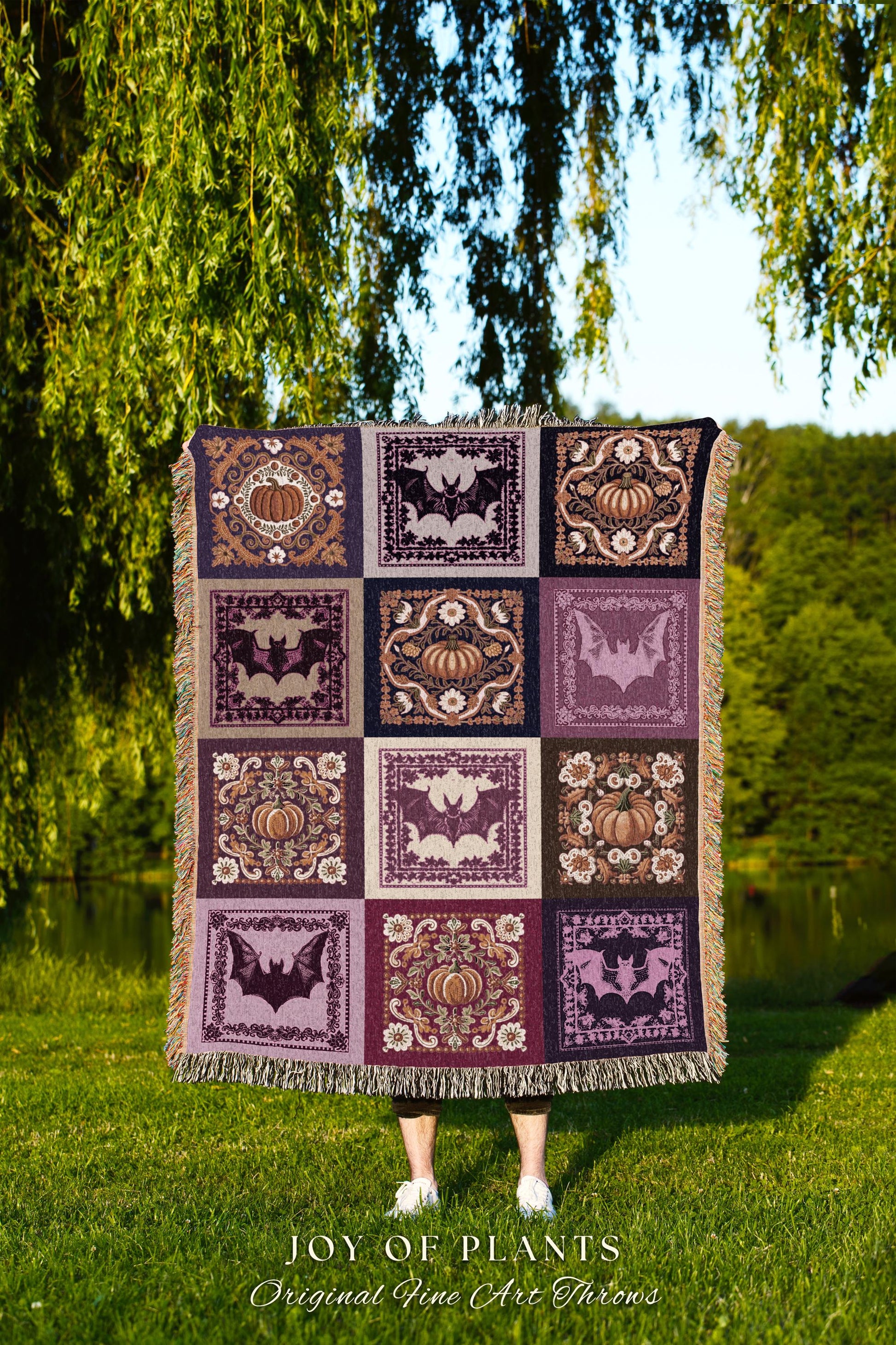 Wimsigothic Purple Bat Pumpkin Throw Light Academia Witchy Decor | Boho Fairycore Decor Whimsical Pastel Halloween Aesthetic Woven Blanket