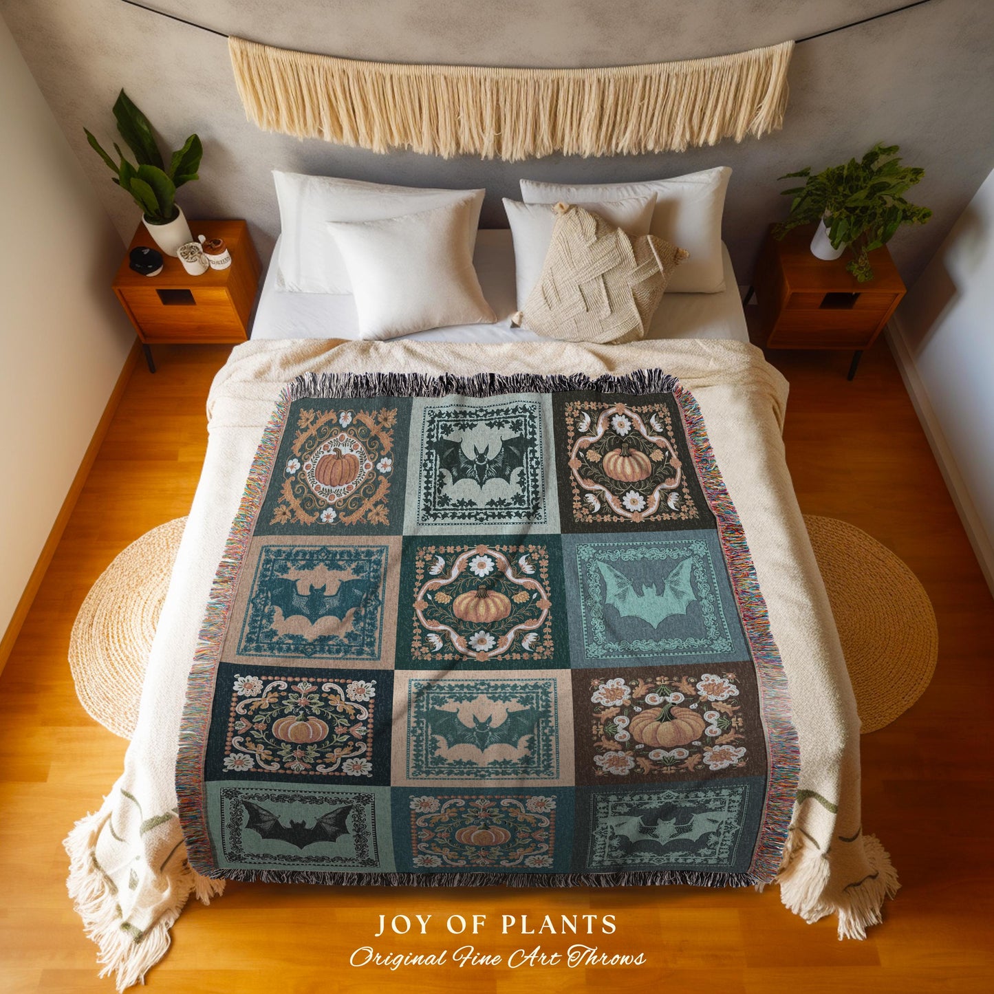 Whimsical Pumpkin Bat Decor Coquette Preppy Halloween Tapestry Blanket | Boho Fairycore Decor Pumpkin Bat Wall Art Cottagecore Woven Throw