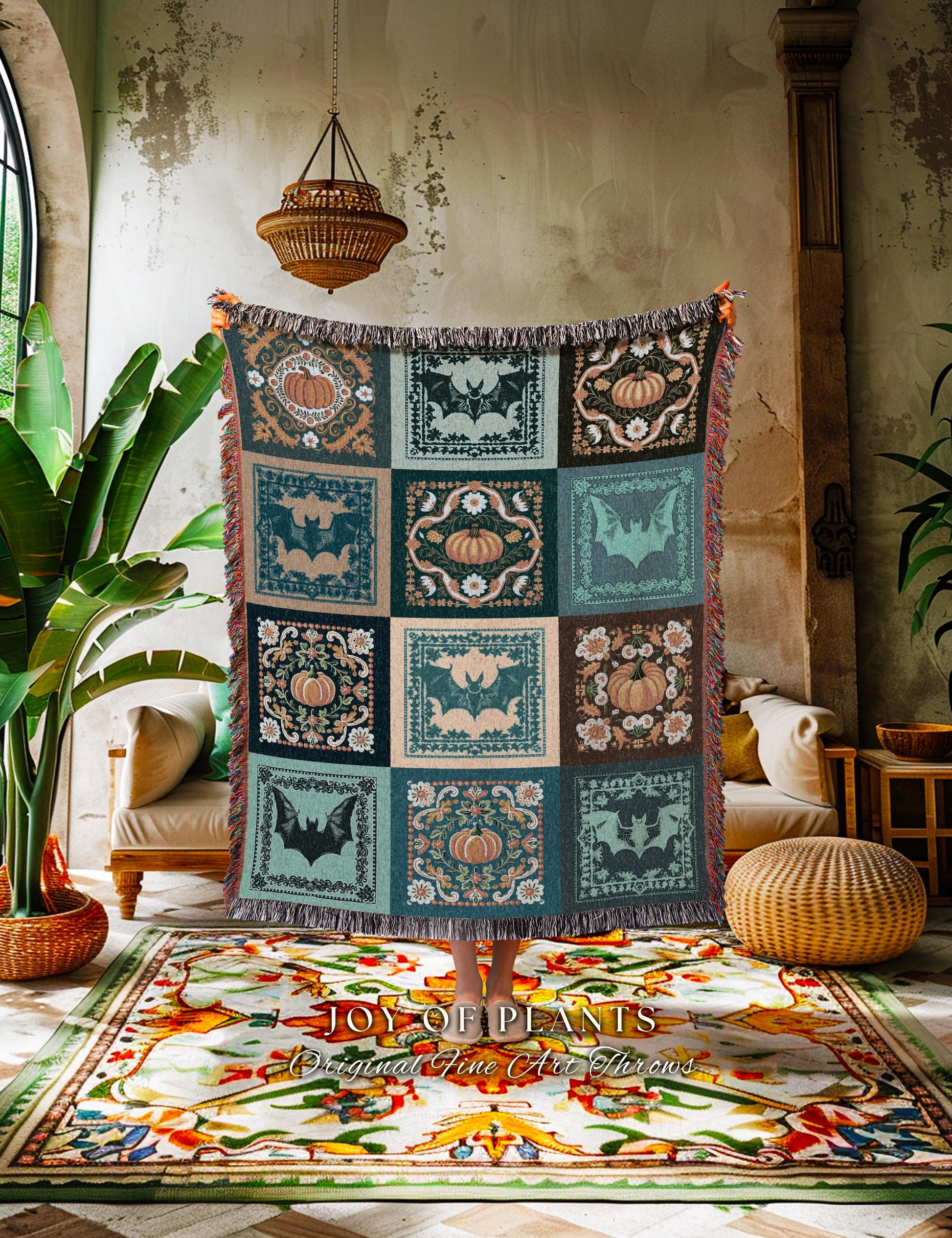 Whimsical Pumpkin Bat Decor Coquette Preppy Halloween Tapestry Blanket | Boho Fairycore Decor Pumpkin Bat Wall Art Cottagecore Woven Throw