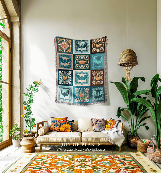 Whimsical Pumpkin Bat Decor Coquette Preppy Halloween Tapestry Blanket | Boho Fairycore Decor Pumpkin Bat Wall Art Cottagecore Woven Throw