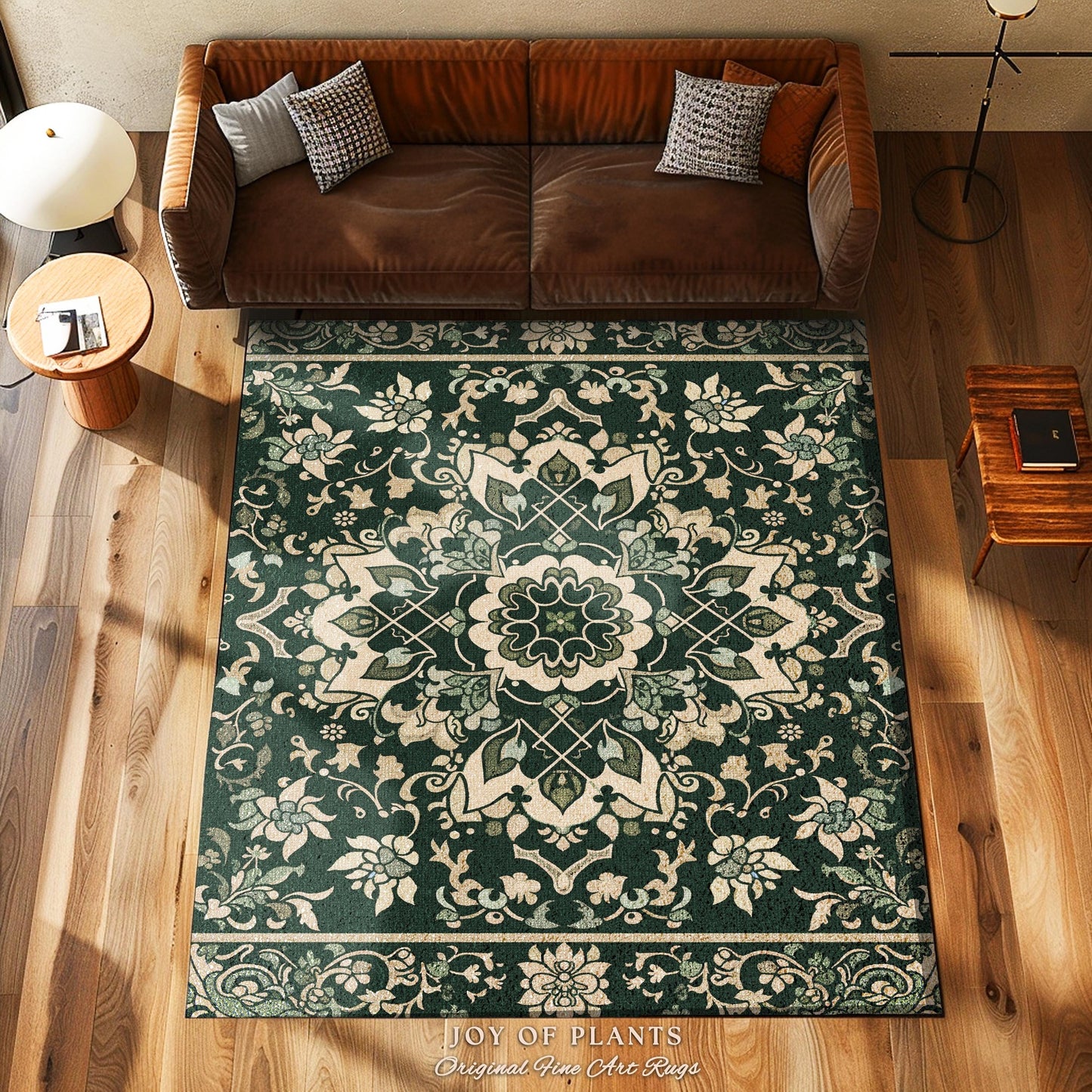 Emerald Pine Floor Rug | Forest Green Room Decor Classic Aesthetic Ornate Victorian Floor Rug Scandinavian Bedroom Accent Rug Nordic Pastel