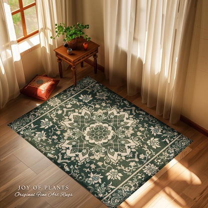 Emerald Pine Floor Rug | Forest Green Room Decor Classic Aesthetic Ornate Victorian Floor Rug Scandinavian Bedroom Accent Rug Nordic Pastel