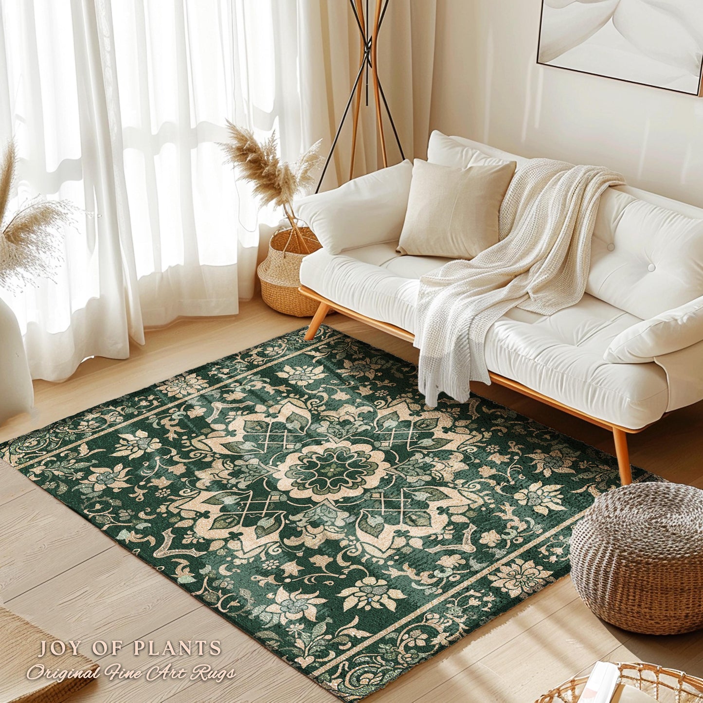 Emerald Pine Floor Rug | Forest Green Room Decor Classic Aesthetic Ornate Victorian Floor Rug Scandinavian Bedroom Accent Rug Nordic Pastel