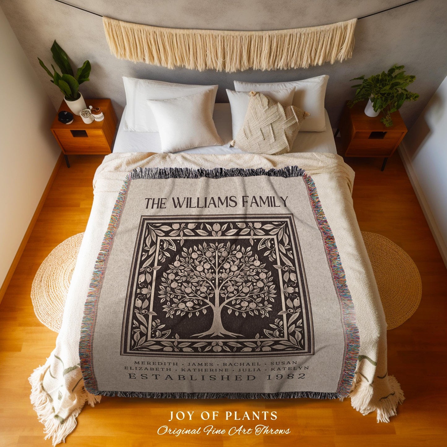 Traditional Heritage Family Tree Blanket with Custom Names Sentimental Ancestry Decor | Morris Inspired Rustic Cottagecore Tapestry Throw