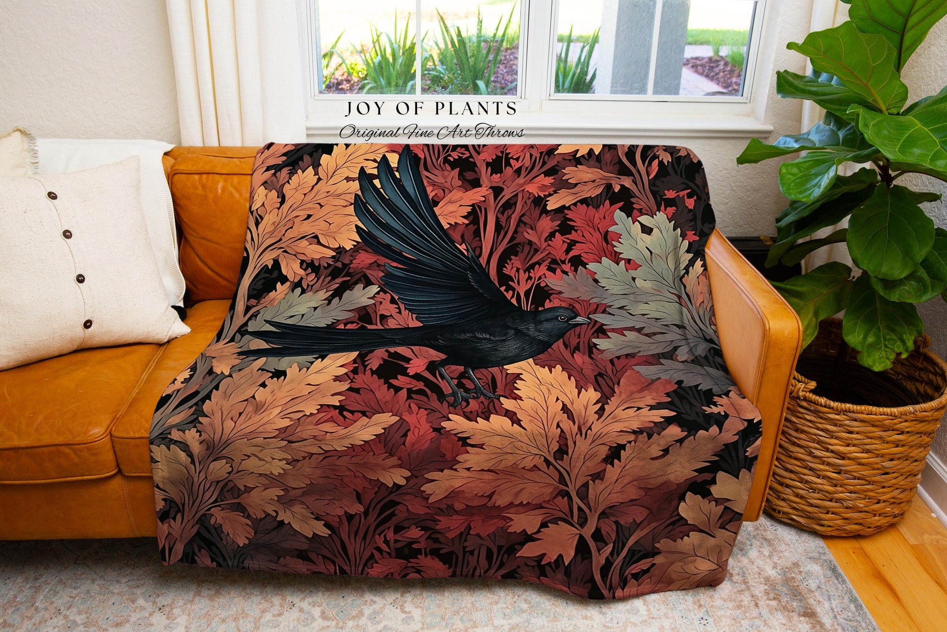 Autumn Raven Throw Blanket Mystic Crowcore Decor | Dark Cottagecore Black Bird Tapestry Gothic Forest Aesthetic Whimsigoth Fall Home Accent