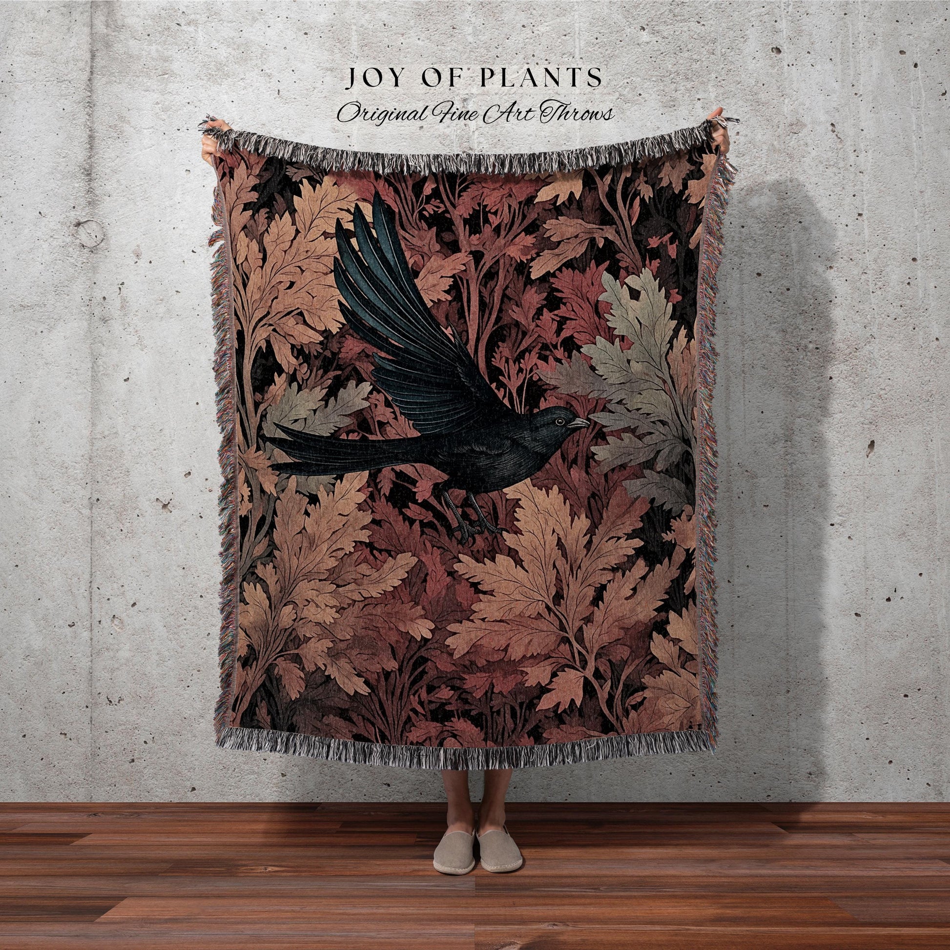 Autumn Raven Throw Blanket Mystic Crowcore Decor | Dark Cottagecore Black Bird Tapestry Gothic Forest Aesthetic Whimsigoth Fall Home Accent