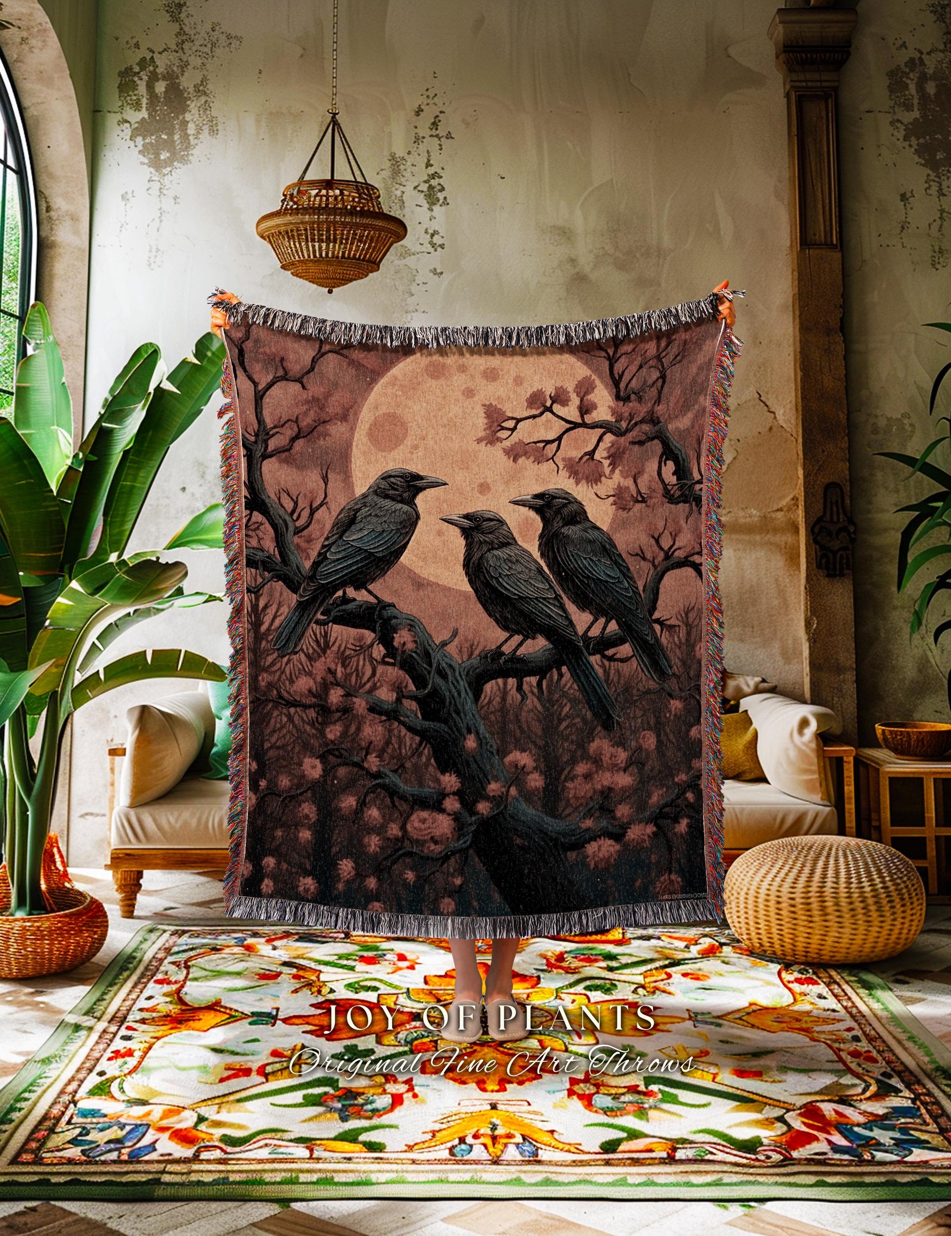 Moonlit Ravens Woven Throw Blanket Dark Woodland Gothic Tapestry | Enchanted Crowcore Whimsigoth Aesthetic Mystical Crow Fall Forestcore Art