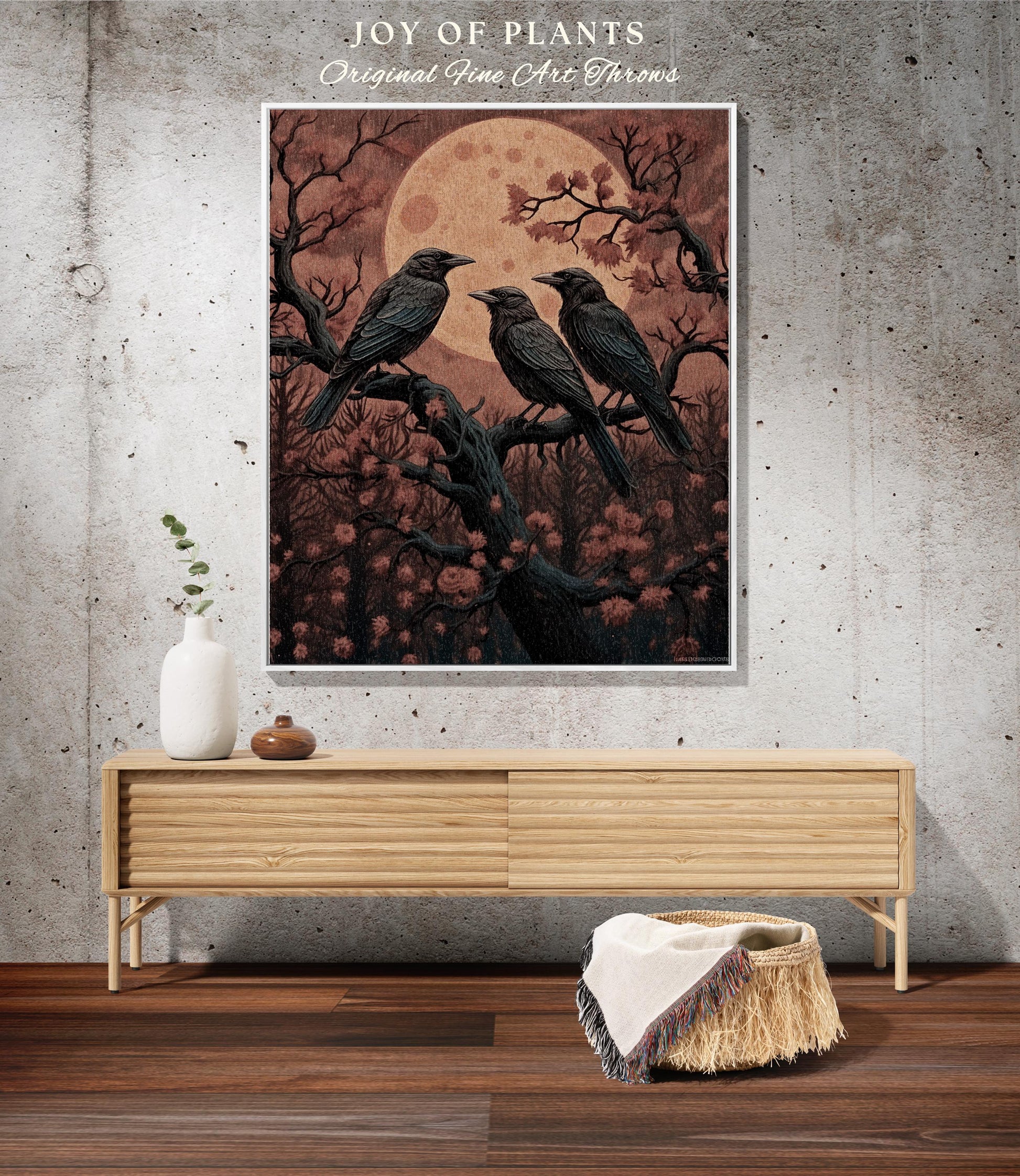 Moonlit Ravens Woven Throw Blanket Dark Woodland Gothic Tapestry | Enchanted Crowcore Whimsigoth Aesthetic Mystical Crow Fall Forestcore Art