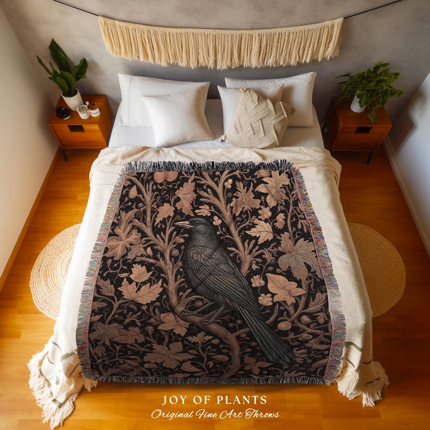 Rustic Autumn Farmhouse Vintage Aesthetic Dark Botanical Crow Tapestry Blanket | Witch Cottagecore Raven Throw Gothic Woodland Fall Foliage