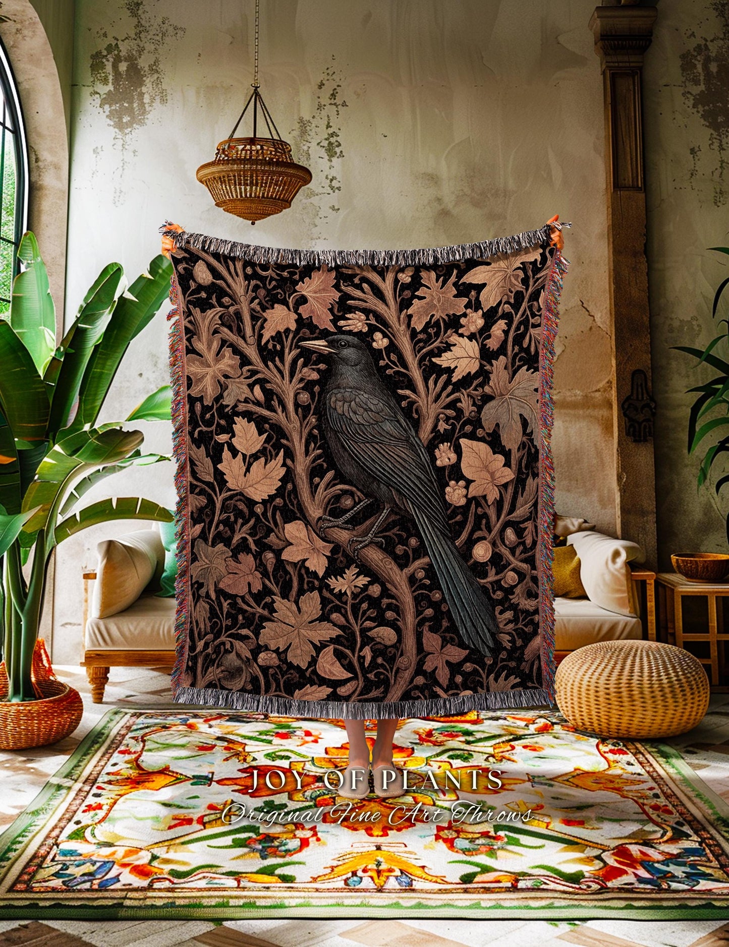 Rustic Autumn Farmhouse Vintage Aesthetic Dark Botanical Crow Tapestry Blanket | Witch Cottagecore Raven Throw Gothic Woodland Fall Foliage