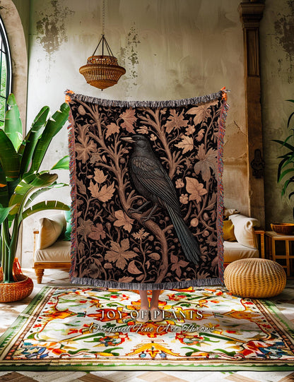 Rustic Autumn Farmhouse Vintage Aesthetic Dark Botanical Crow Tapestry Blanket | Witch Cottagecore Raven Throw Gothic Woodland Fall Foliage