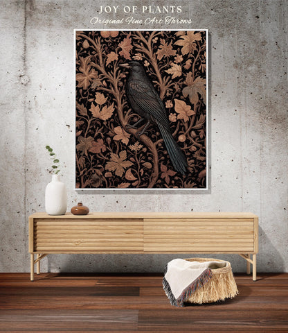 Rustic Autumn Farmhouse Vintage Aesthetic Dark Botanical Crow Tapestry Blanket | Witch Cottagecore Raven Throw Gothic Woodland Fall Foliage