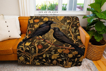 Golden Gothic Raven Tapestry Blanket Dark Cottagecore Decor | Witchy Cottage Aesthetic Woven Throw Vintage Botanical Rustic Farmhouse Style