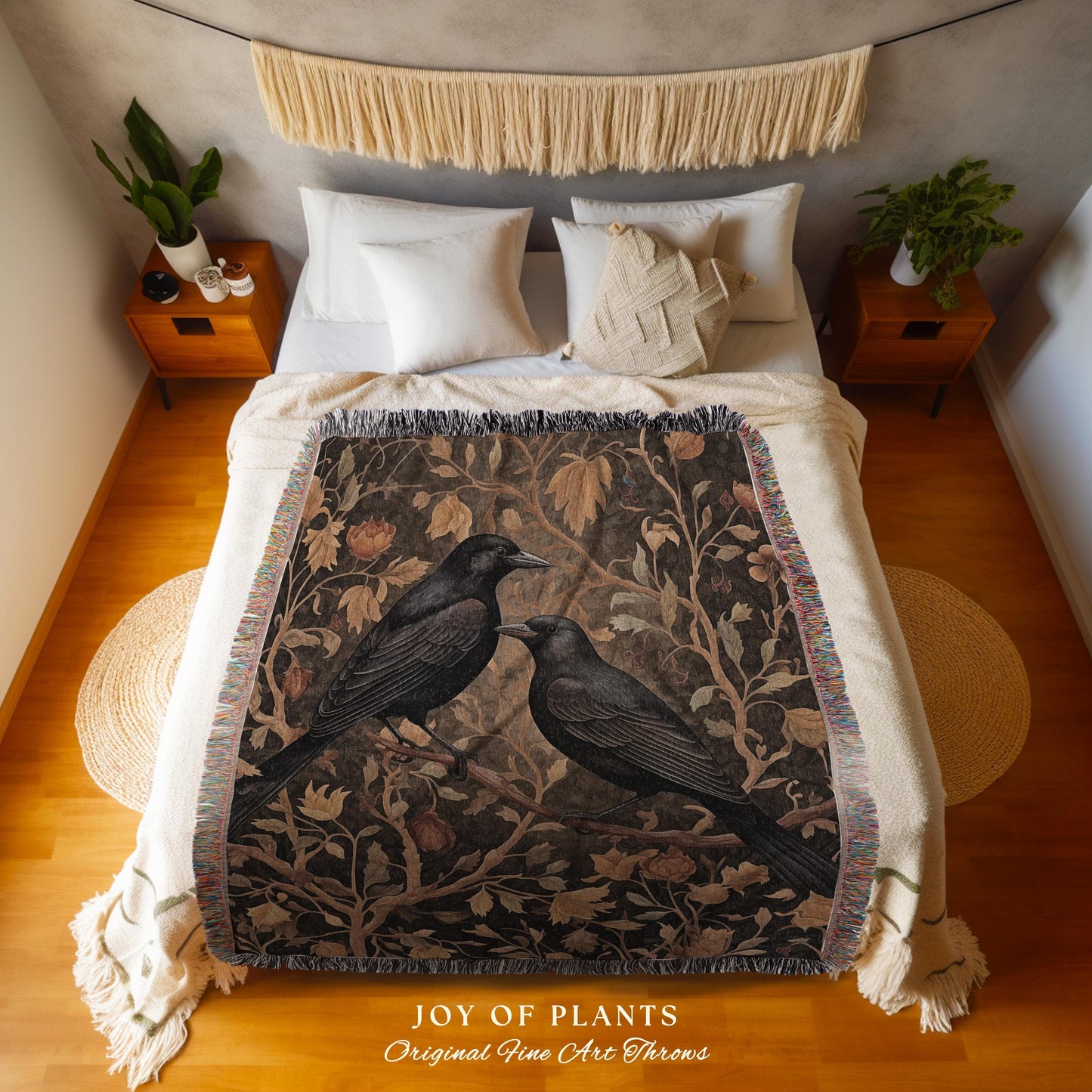 Golden Gothic Raven Tapestry Blanket Dark Cottagecore Decor | Witchy Cottage Aesthetic Woven Throw Vintage Botanical Rustic Farmhouse Style