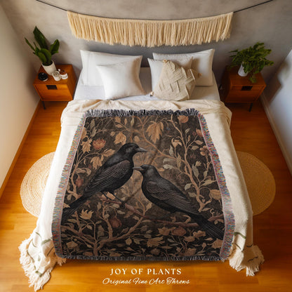 Golden Gothic Raven Tapestry Blanket Dark Cottagecore Decor | Witchy Cottage Aesthetic Woven Throw Vintage Botanical Rustic Farmhouse Style