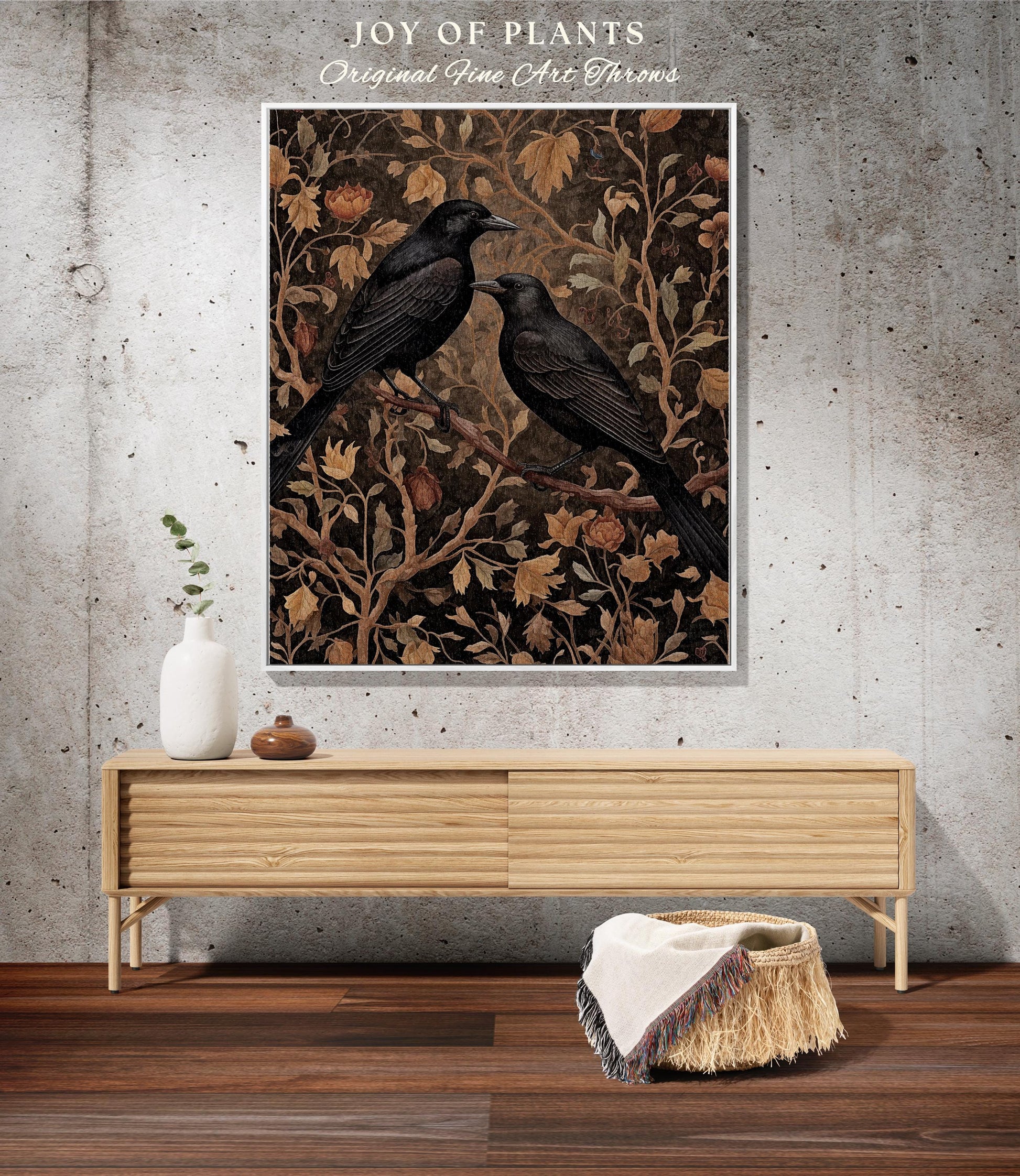 Golden Gothic Raven Tapestry Blanket Dark Cottagecore Decor | Witchy Cottage Aesthetic Woven Throw Vintage Botanical Rustic Farmhouse Style