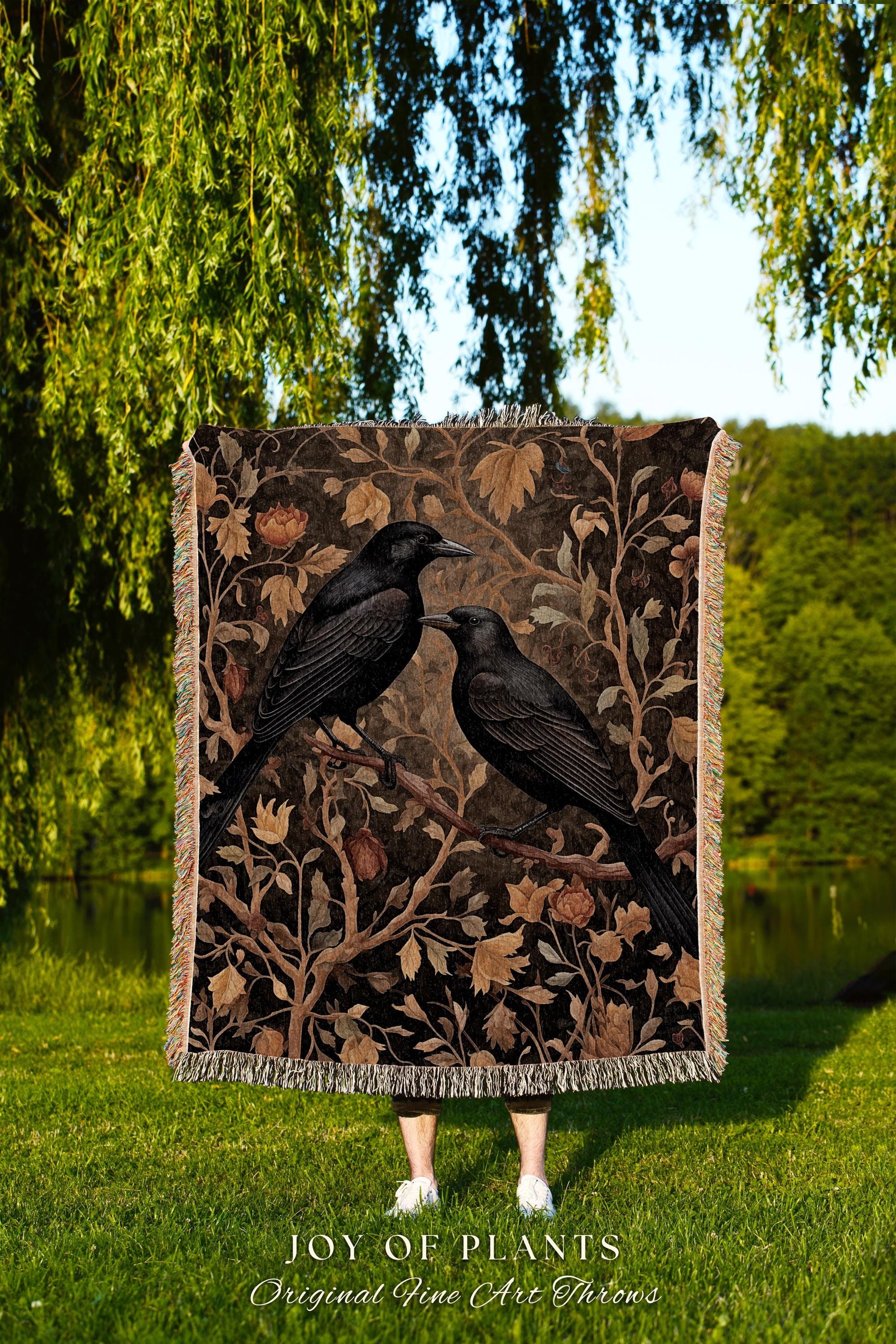 Golden Gothic Raven Tapestry Blanket Dark Cottagecore Decor | Witchy Cottage Aesthetic Woven Throw Vintage Botanical Rustic Farmhouse Style