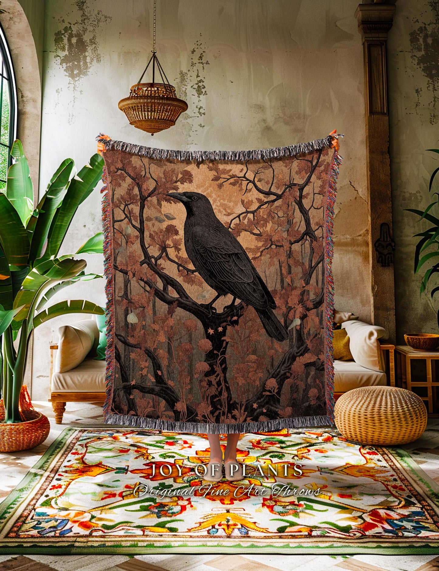 Gothic Grunge Woodland Crowcore Woven Throw Indie Room Decor | Rustic Farmhouse Style Shabby Chic Raven Tapestry Blanket Dark Cottagecore