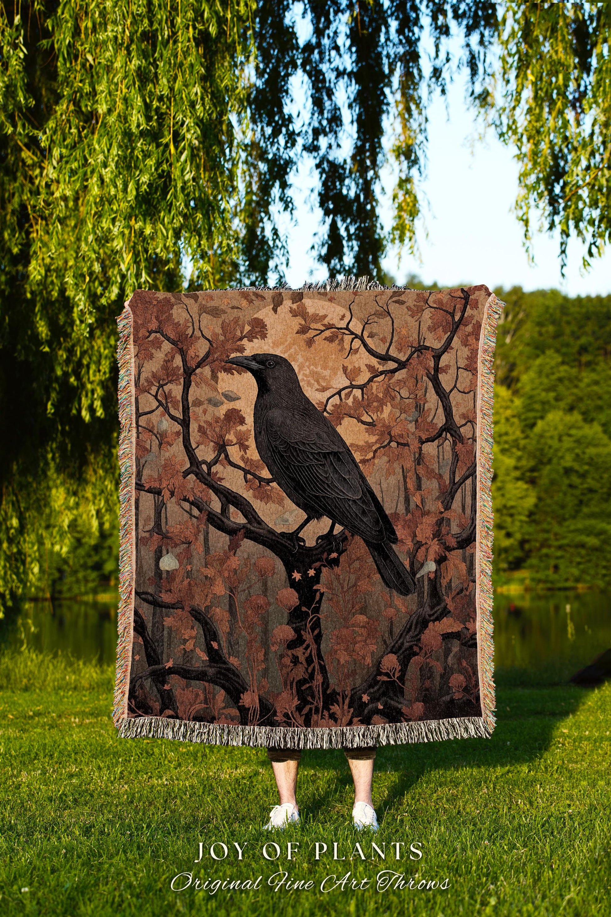 Gothic Grunge Woodland Crowcore Woven Throw Indie Room Decor | Rustic Farmhouse Style Shabby Chic Raven Tapestry Blanket Dark Cottagecore