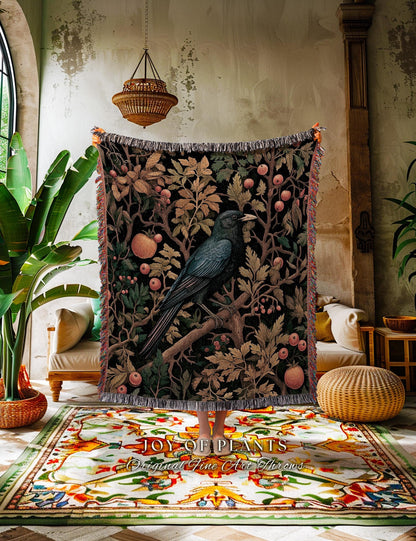 Woodland Fall Forest Raven Tapestry Blanket Crowcore | Gothic Botanical Woven Throw Vintage Cottagecore Aesthetic Rustic Forestcore Decor