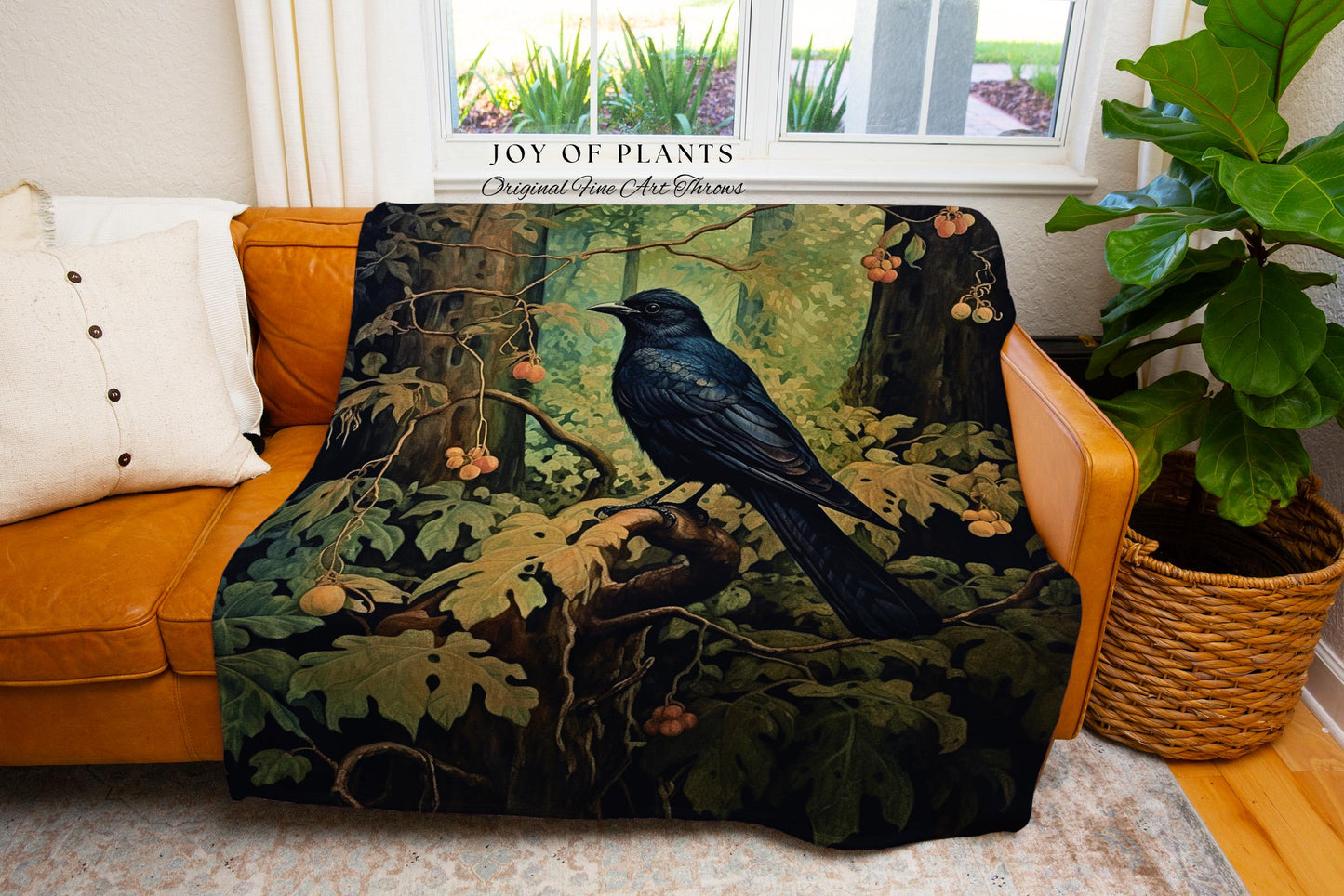 Enchanted Forest Raven Blanket Dark Woodland Gothic Tapestry | Cottagecore Crowcore Woven Throw Mystical Nature Whimsical Whimsigoth Decor